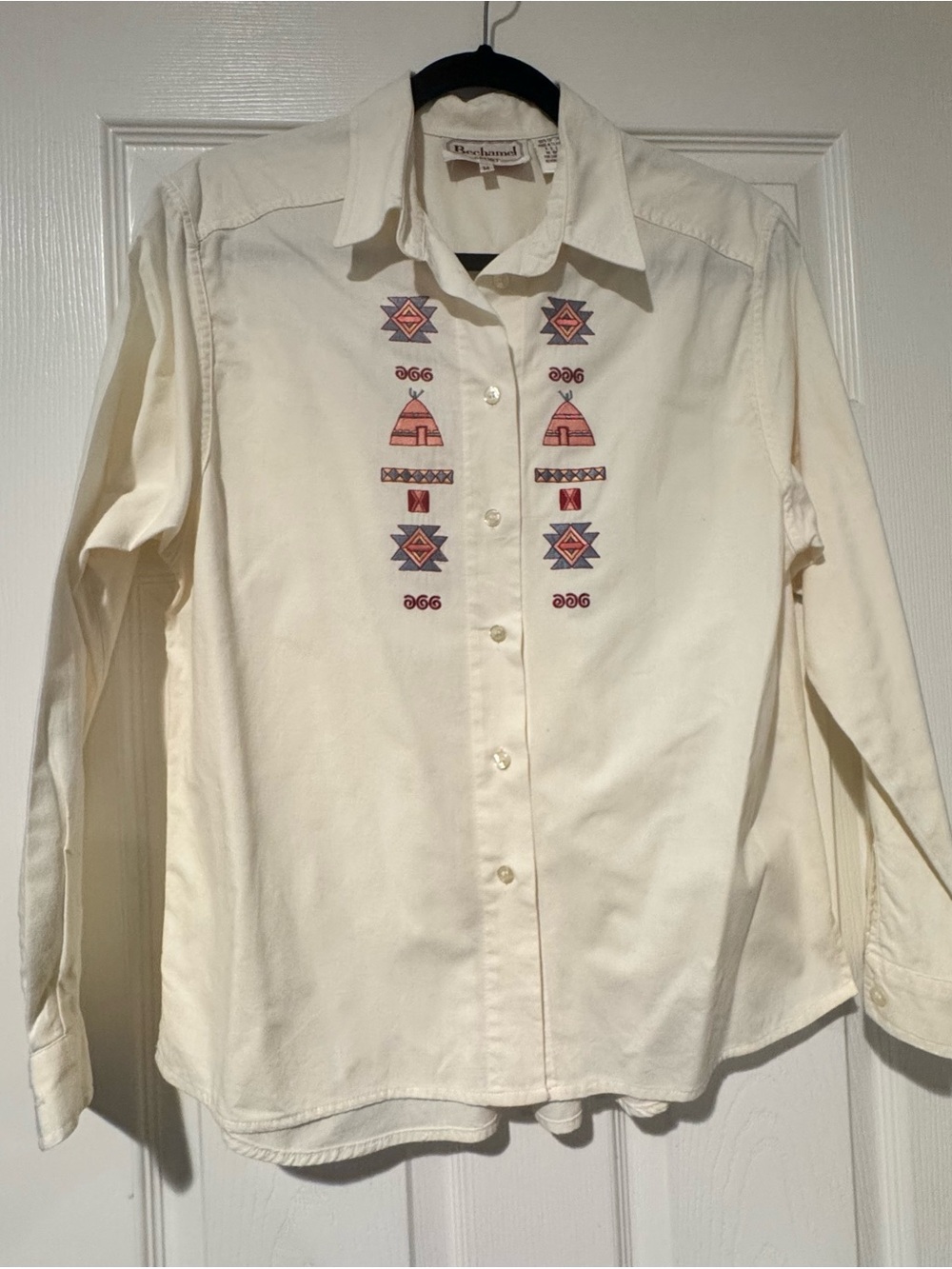 Bechamel Cream Button-Down Shirt with Pink and Blue Embroidery